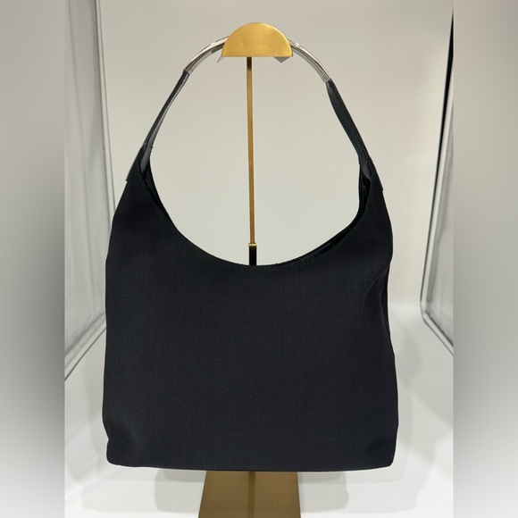 Authentic Gucci Metal Handle Canvas & Leather Shoulder Bag Black - Picture 16 of 16